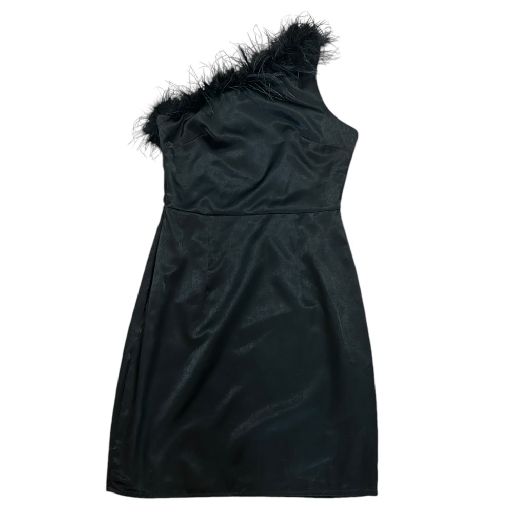 Altar’d State Feather Detail Satin One Shoulder Little Black Dress Women’s Sz XS - Picture 2 of 13
